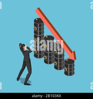Flat 3d isometric businessman shock when oil barrels graph decreace. Oil price crisis concept. Stock Vector