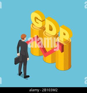 Flat 3d isometric businessman with GDP word on coin stack with growth red arrow. Gross domestic product and economic growth   concept. Stock Vector