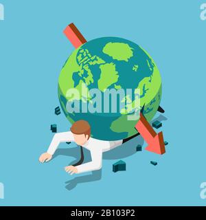 Flat 3d isometric red arrow piercing through the world on businessman back. World economy crisis concept. Stock Vector