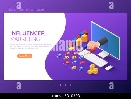 3d isometric web banner businessman hand with magnet attracting social media icon. Social media influencer marketing landing page concept. Stock Vector
