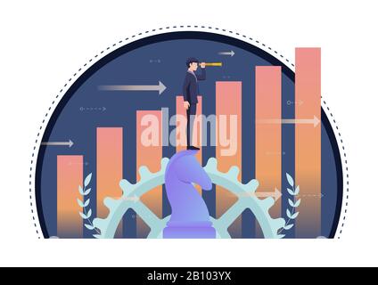Businessman using telescope on horse chess with growth graph in background. Business vision and leadership concept. Stock Vector