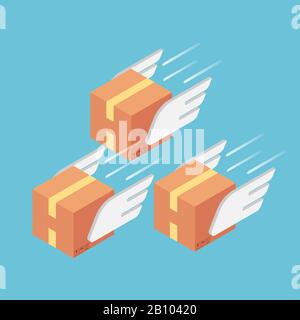 Flat 3d isometic parcels with wings flying forward rapidly. Fast delivery services and air transport concept. Stock Vector