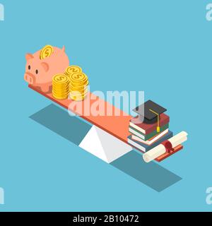 Flat 3d isometric piggy bank and dollar coin equal to graduation cap and diploma on the scale. Investment in education concept. Stock Vector