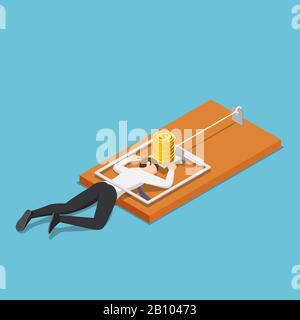 Flat 3d isometric businessman trapped into mousetrap because of the money. Business trap and failure concept. Stock Vector