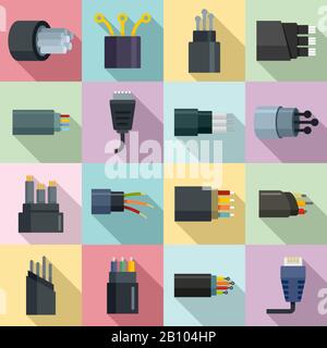 Optical fiber icons set. Flat set of optical fiber vector icons for web design Stock Vector