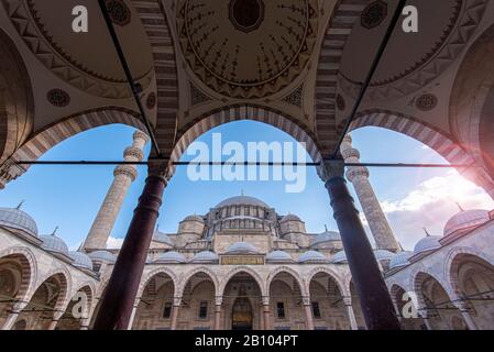 Courtyard of Suleymaniye Mosque in Istanbul during warm Summer Morning Stock Photo