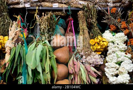 Traditional natural Colombian medicine market, dried herbs, plants and flowers for sale in Medellin, Colombia Stock Photo