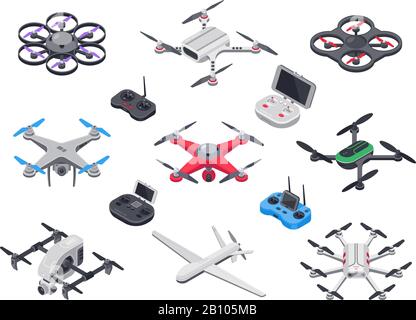 Unmanned aircraft, delivery drone with propellers, camera and computer controller. Drones and controllers isolated vector isometric set Stock Vector