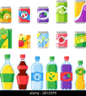 Drink beverages. Cold energy or fizzy soda beverage, sparkling water and fruit juice in glass bottles. Drinks vector icons Stock Vector