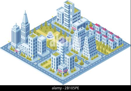 Modern city buildings, police station, road with cars and supermarket building. Town lofts apartments vector 3d isometric set Stock Vector