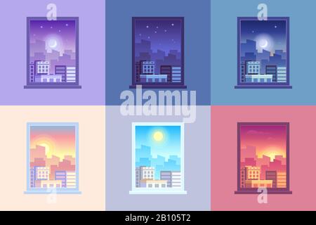 Window day time view. Sunrise and sun dawn morning noon and sunset dusk day and night stars at city house windows cartoon vector concept Stock Vector