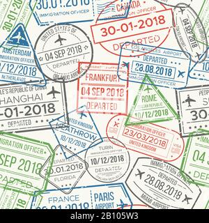 Travel visa airport stamps seamless pattern. Traveling document, vise or passport rubber stamp patterns vector background Stock Vector