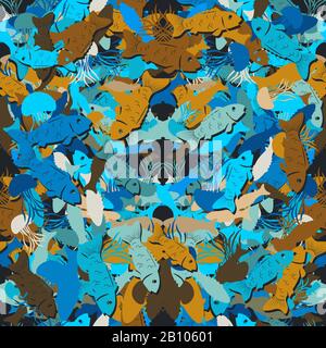 Seamless pattern of abstract jellyfish fish on a dark underwater background. Vector image Stock Vector