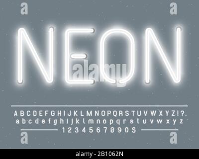 Bright glowing white neon sign characters. Vector font with glow light letters and numbers lamps Stock Vector