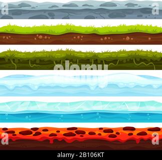 Seamless land layers. Dirt ground landscape game asset, ice with snow caps and lava floor. Cartoon surface vector assets Stock Vector