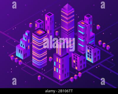 Isometric neon town. Futuristic illuminated city, future megapolis highway illumination and business district 3d vector illustration Stock Vector