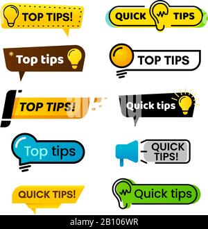 Quick tips. Idea suggestion, tricks solutions advice and best solution tip isolated vector banner sign Stock Vector