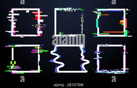 Glitch square frame. Trendy glitched squares shapes, abstract dynamic geometry frames with noise glitches. Distortion design vector set Stock Vector