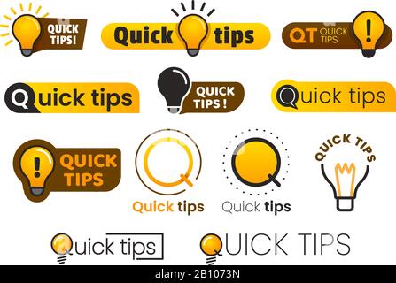 Logo quick tips. Yellow lightbulb icon with quicks tip text. Lamp of advice idea vector banner set Stock Vector