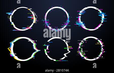 Glitch circle frame. Tv distorted signal chaos, glitched ring light effect distortion frames and flaw glitches bug circles vector set Stock Vector