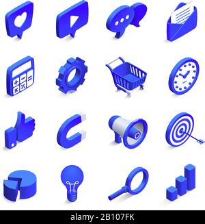 Isometric social marketing. Inbound and outbound marketings, money magnet and like icon. 3d community network vector icons set Stock Vector