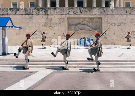 Athens, Greece - May 9 2015: Changing of the Guard at the Tomb of the Unkonwn Soldier at the Hellenic Parliament on Syntagma Square. Soldiers Marching Stock Photo