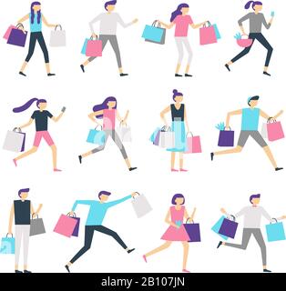 People with shopping bags. Shopaholic man and excited woman carrying bag. Happy people buy presents on sale vector characters set Stock Vector