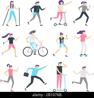 People outdoor activity. Healthy community, walking man and jogging woman. Running teenagers, skating and cycling kids vector set Stock Vector