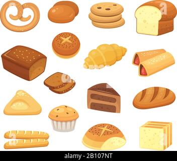 Cartoon bread icon. Breads and rolls. French roll, breakfast toast and sweet cake slice. Bakery products vector icons set Stock Vector