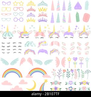 Pony unicorn face elements. Pretty hairstyle, magic horn and little fairy crown. Unicorns head creative vector illustration set Stock Vector