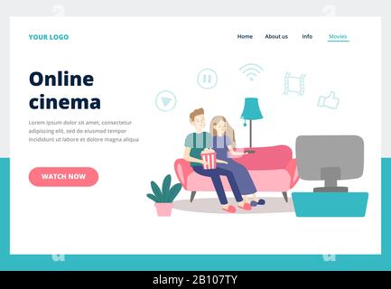 Couple watching movie. Young man and woman watch movies at home. Online cinema service business landing page vector concept Stock Vector