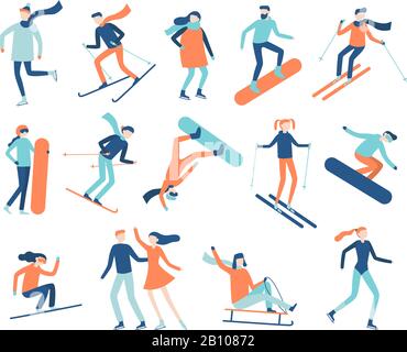 Winter sport people. Sportsman on snowboard, skis or ice skates. Snowboarding, skiing and skating sports isolated flat vector set Stock Vector