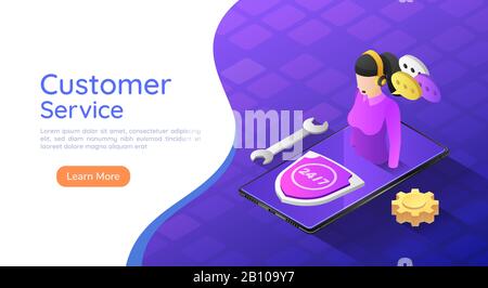 3d isometric web banner female customer service operator on smartphone. Customer Service and support assistance concept Stock Vector