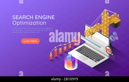 3d isometric web banner construction crane lifting up and increase website ranking to the top on search engine. Search engine optimization SEO landing Stock Vector