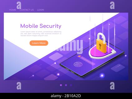 3d isometric web banner shield with lock protection and finger print scan security system on smartphone screen. Smartphone security system and data pr Stock Vector