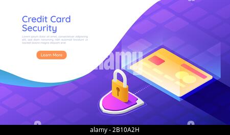 3d isometric web banner credit card with shield and lock security system. Credit card payment security concept. Stock Vector