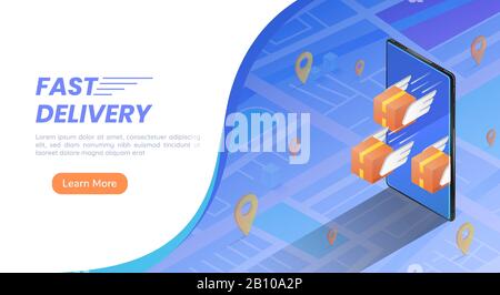 3d isometric web banner parcels box with wings flying forward rapidly from smartphone with pin on the map. Fast and safe delivery services concept. Stock Vector