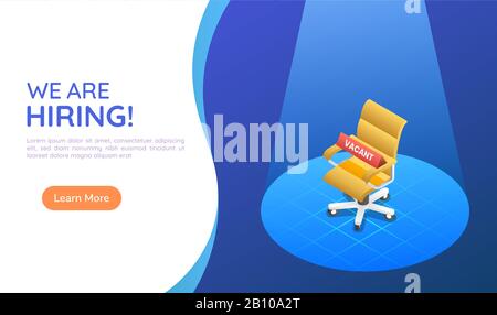3d isometric web banner ergonomic office chair under the light with a vacancy sign. Business hiring and recruiting landing page concept. Stock Vector