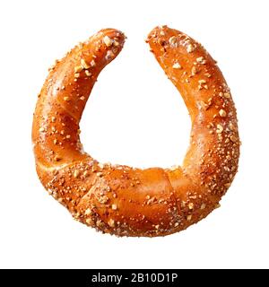 One austrian pastry roll kifli of kipfel sprinkled with nuts and icing sugar, isolated on white, top view Stock Photo
