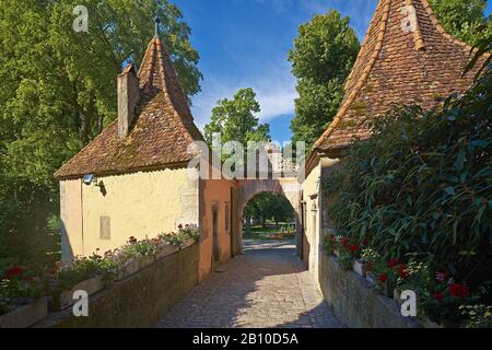 Guard houses at the castle gate to the castle garden in Rothenburg ob der Tauber, Bavaria, Germany Stock Photo