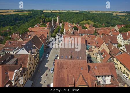 View from the town hall tower to the castle gate over the Herrngasse, Rothenburg ob der Tauber, Middle Franconia, Bavaria, Germany Stock Photo