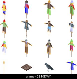 Scarecrow icons set, isometric style Stock Vector