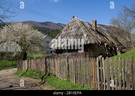 Old wooden houses with straw roof in the village. Carpathians, Ukraine Stock Photo