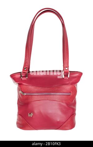 closed handmade red leather handbag isolated on white background Stock Photo