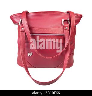 closed red handbag with two belts handmade from natural leather isolated on white background Stock Photo