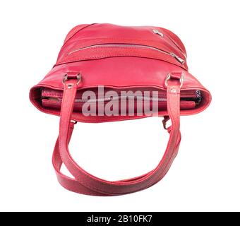 closed red handbag with top zipper handmade from natural leather isolated on white background Stock Photo