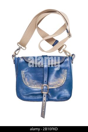 closed handmade blue leather handbag with textile strap isolated on white background Stock Photo