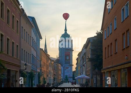 Hot air balloon over tower of the castle church in Wittenberg, Saxony-Anhalt, Germany Stock Photo