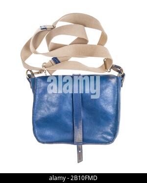 back side of handmade blue leather handbag with textile strap isolated on white background Stock Photo