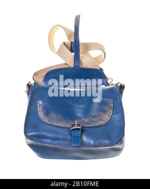 bottom view of handmade blue leather handbag with textile strap isolated on white background Stock Photo